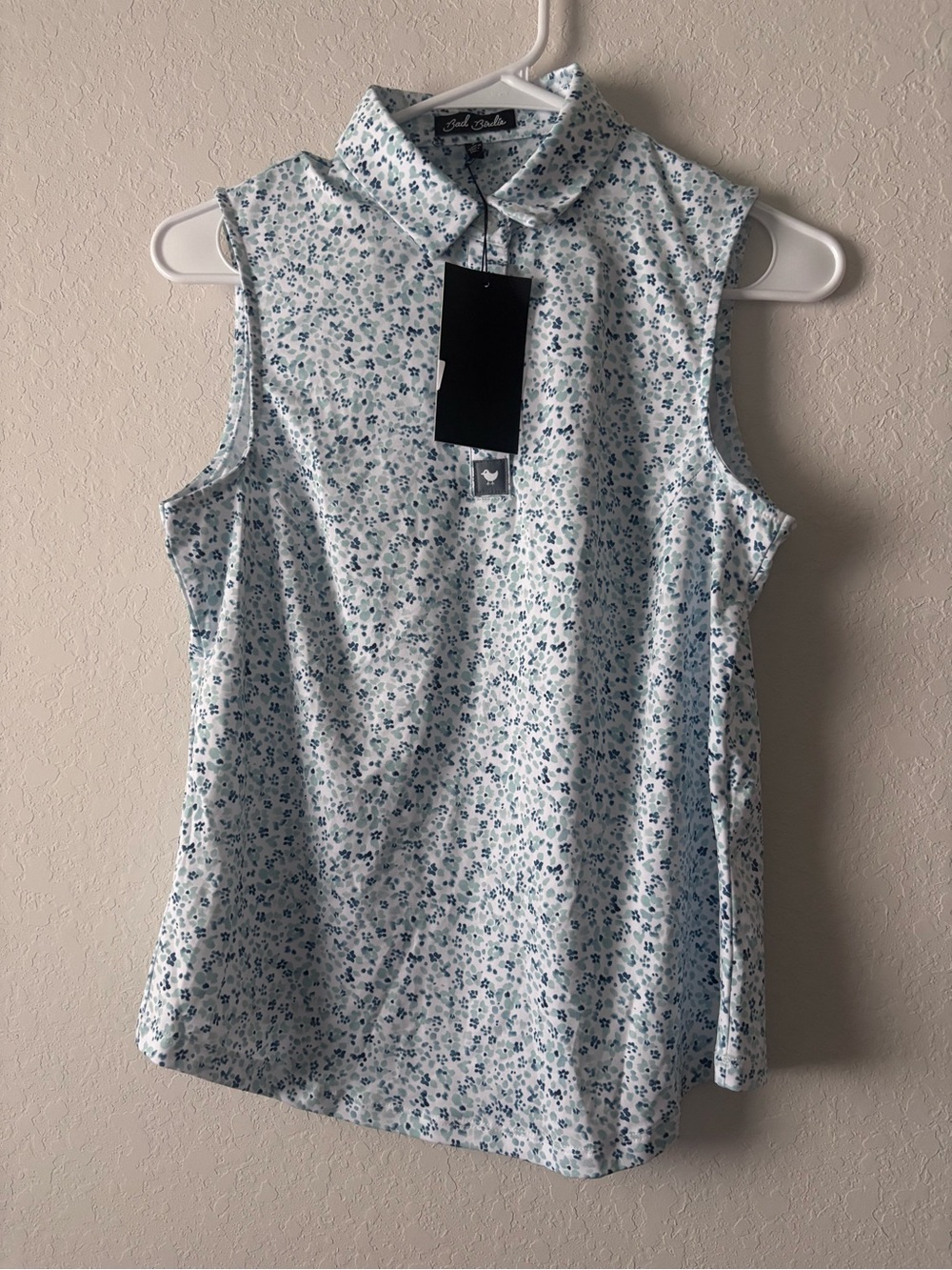 NWT Bad Birdie Womens Sleeveless Golf Polo S Blue White Floral UPF 50 Stretch
